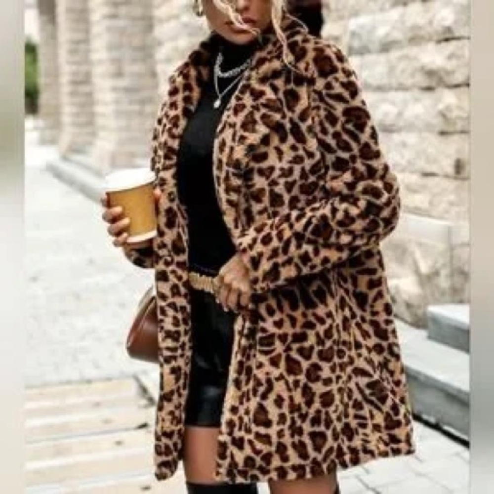 Leopard Print Faux Teddy Fur Coat animal print oversized shacket